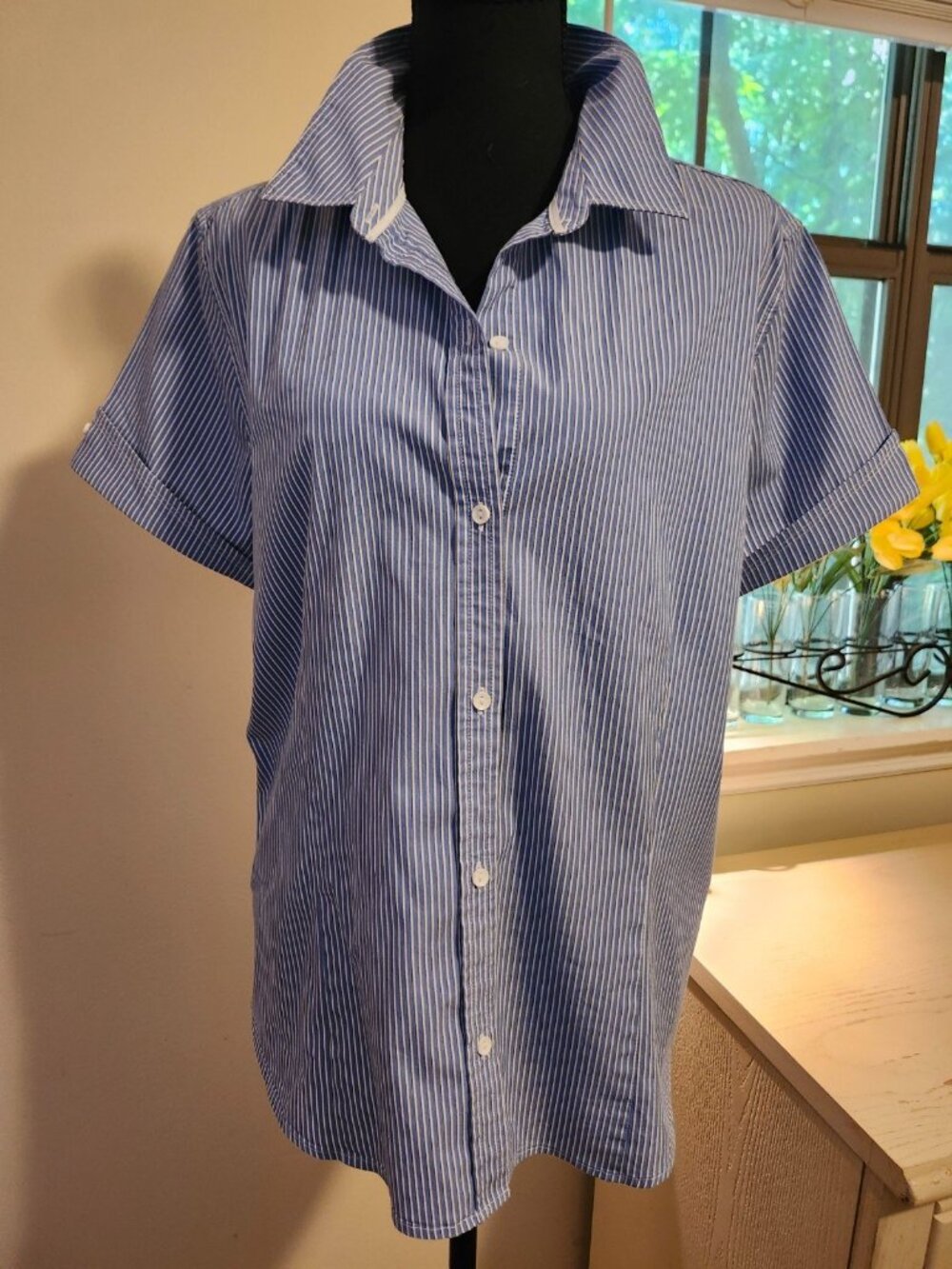 Liz Claiborne XL Blue White Striped Blouse Short Sleeve Coastal Preppy Classic T - Picture 10 of 10